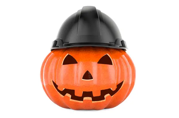 Calabaza Halloween Con Hardhat Negro Representación Aislada Sobre Fondo Blanco —  Fotos de Stock