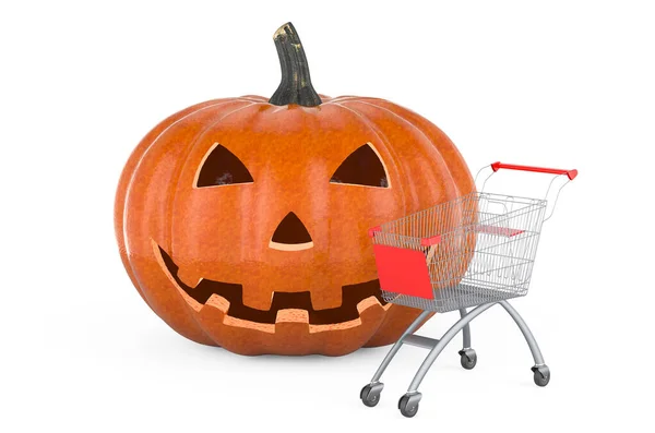 Pompoen Met Winkelwagentje Halloween Sale Concept Rendering Geïsoleerd Witte Achtergrond — Stockfoto
