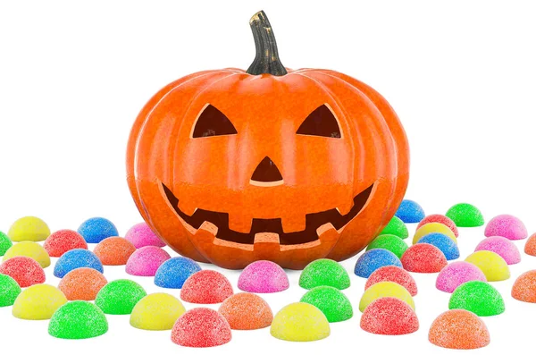 Calabaza Halloween Con Caramelos Mermelada Colores Representación Aislada Sobre Fondo —  Fotos de Stock