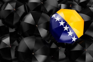 Siyah şemsiyeler arasında Bosna bayrağı taşıyan şemsiye. 3B görüntüleme