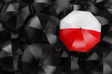 Siyah şemsiyeler arasında Polonya bayrağı taşıyan şemsiye. 3B görüntüleme