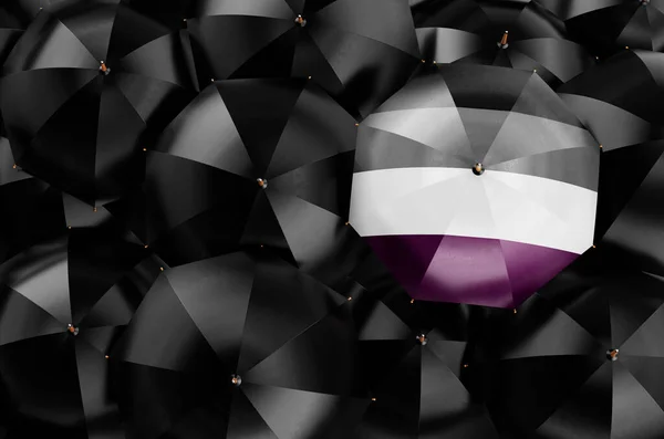 Parasol Bezpłciową Flagą Wśród Czarnych Parasoli Widok Góry Renderowanie — Zdjęcie stockowe