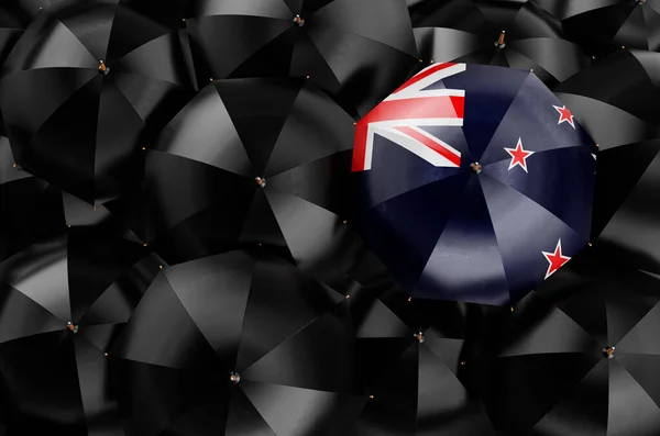 Parasol Flagą Nowej Zelandii Wśród Czarnych Parasoli Widok Góry Renderowanie — Zdjęcie stockowe
