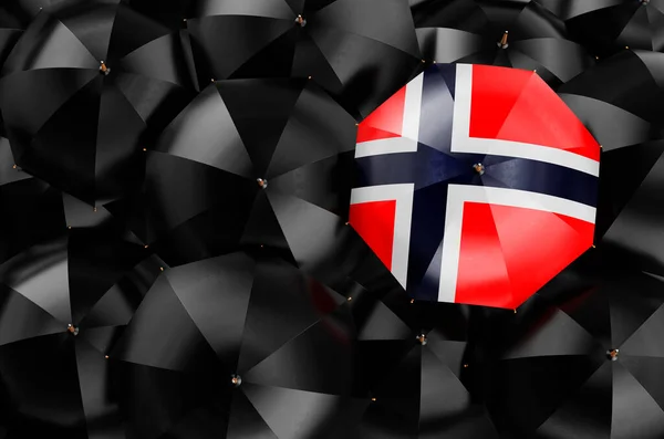 黒い傘の間でノルウェーのフラグを持つ傘 トップビュー 3Dレンダリング — ストック写真