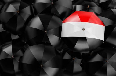 Siyah şemsiyeler arasında Yemen bayrağı taşıyan şemsiye, üst manzara. 3B görüntüleme