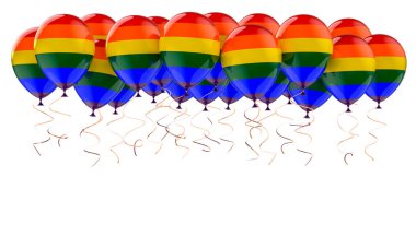 LGBTQ gökkuşağı bayraklı balonlar, beyaz arkaplanda 3 boyutlu görüntüleme