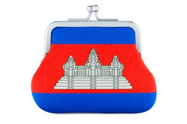 Kamboçya bayrağı taşıyan bozuk para çantası. Kamboçya 'da bütçe, yatırım ya da finansal bankacılık kavramı. Beyaz arkaplanda 3B görüntüleme izole edildi