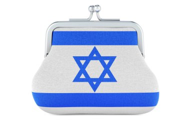 İsrail bayrağı taşıyan bozuk para çantası. Bütçe, yatırım ya da finansal, İsrail 'de bankacılık kavramı. Beyaz arkaplanda 3B görüntüleme izole edildi