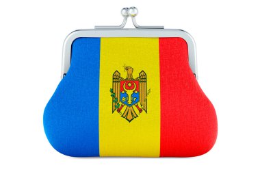İçinde Moldova bayrağı olan bozuk para çantası. Moldova 'da bütçe, yatırım veya finans, bankacılık kavramı. Beyaz arkaplanda 3B görüntüleme izole edildi