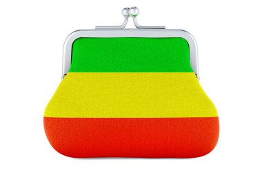 Rastafarian bayrağı taşıyan bozuk para çantası, beyaz arka planda 3 boyutlu görüntüleme.