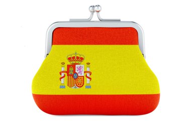 İspanyol bayrağı taşıyan bozuk para çantası. İspanya 'da bütçe, yatırım ya da finansal bankacılık kavramı. Beyaz arkaplanda 3B görüntüleme izole edildi