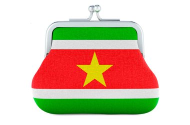 Surinam bayrağı taşıyan bozuk para çantası. Surinam 'daki bütçe, yatırım ya da finansal bankacılık konsepti. Beyaz arkaplanda 3B görüntüleme izole edildi