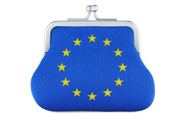 İçinde AB bayrağı olan bozuk para çantası. Avrupa Birliği 'nde bütçe, yatırım veya mali bankacılık kavramı. Beyaz arkaplanda 3B görüntüleme izole edildi