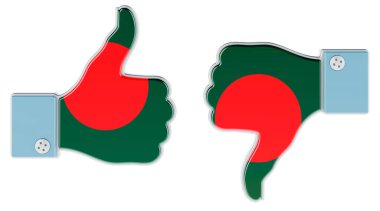 Bangladeş bayrağı eline baş parmak yukarı ve baş parmak aşağı boyanmış. Bangladeş 'te sevip sevmemek, konsept. Beyaz arkaplanda 3B görüntüleme izole edildi