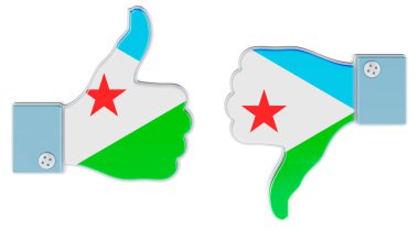 Cibuti bayrağı elinde baş parmağıyla yukarı ve aşağı çizilmiş. Cibuti 'deki gibi ve değil, konsept. Beyaz arkaplanda 3B görüntüleme izole edildi