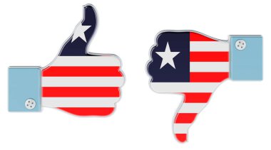 Eline başparmak yukarı ve baş parmak aşağı Liberya bayrağı çizilmiş. Liberya 'da hoşlanmak ve hoşlanmamak, konsept. Beyaz arkaplanda 3B görüntüleme izole edildi