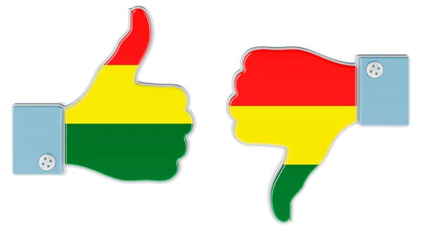 親指を立てて手に描かれたボリビア国旗 ボリビアでは コンセプトが好きで嫌いです 白い背景に隔離された3Dレンダリング — ストック写真