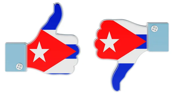 キューバ国旗が親指を立てて手に描かれている キューバでは コンセプトが好きで嫌いです 白い背景に隔離された3Dレンダリング — ストック写真