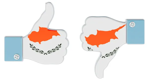 塞浦路斯国旗涂在手上 大拇指向上 大拇指向下 喜欢和不喜欢在塞浦路斯 在白色背景上孤立的3D渲染 — 图库照片
