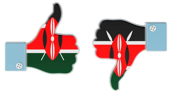 Kenyan flag painted on the hand with thumb up and thumb down. Like and dislike in Kenya, concept. 3D rendering isolated on white background