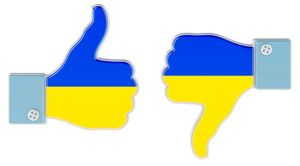 우크라이나 국기는 엄지손가락을 손가락을 아래로 내리면서 칠했다 우크라이나 사람들이 개념이죠 — 스톡 사진