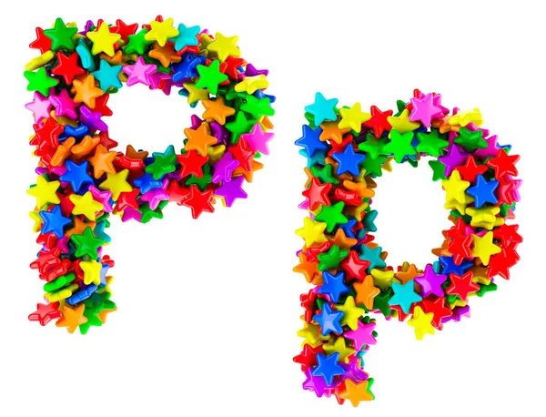 文字Pから色の星 大文字と小文字 白い背景に隔離された3Dレンダリング — ストック写真