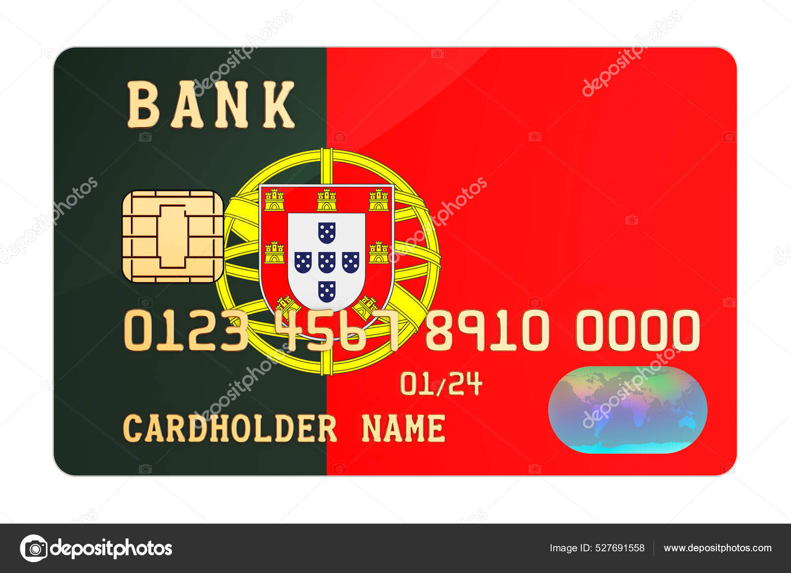 有葡萄牙国旗的银行卡葡萄牙国家银行系统的概念在白色背景上孤立的3D渲染——图库图片© natatravel #527691558