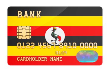 Ugandalı bayrağın olduğu banka kartı. Uganda 'daki ulusal bankacılık sistemi. Beyaz arkaplanda 3B görüntüleme izole edildi