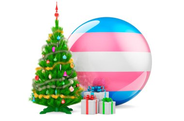 Noel ağacı ve içinde Transseksüel bayrağı olan hediye kutuları. Beyaz arkaplanda 3B görüntüleme izole edildi