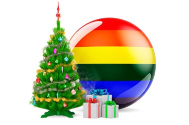 Noel ağacı ve hediye kutularında LGBTQ gökkuşağı bayrağı, beyaz arkaplanda 3 boyutlu görüntüleme