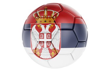 Sırp bayrağı taşıyan futbol topu ya da futbol topu, beyaz arka planda üç boyutlu yorumlama