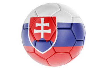 Slovakya bayrağı taşıyan futbol topu ya da futbol topu, beyaz arkaplanda 3 boyutlu görüntüleme