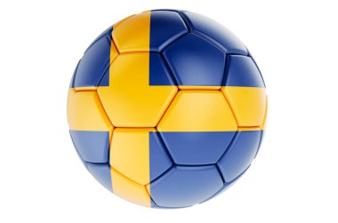 Futbol topu ya da İsveç bayraklı futbol topu, beyaz arka planda 3 boyutlu görüntüleme