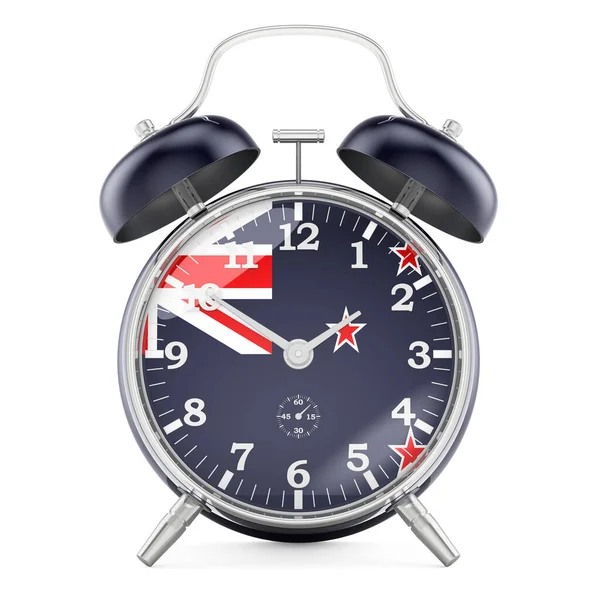 Relógio Despertador Com Bandeira Nova Zelândia Renderização Isolado Fundo Branco — Fotografia de Stock