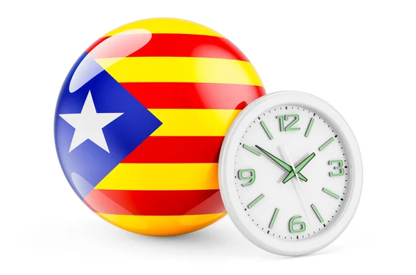Bandiera Catalana Con Orologio Tempo Catalogna Rendering Isolato Sfondo Bianco — Foto Stock