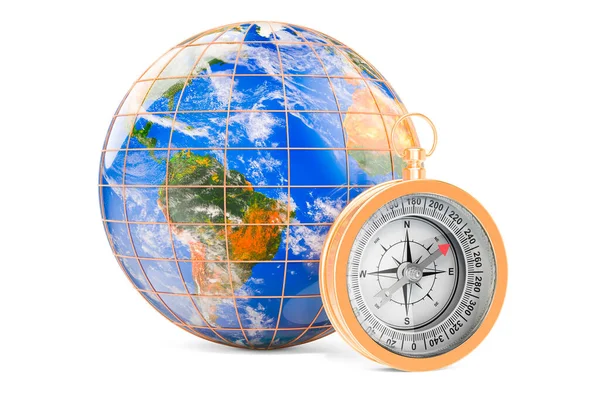 Kompas Zemským Glóbem Vykreslování Izolované Bílém Pozadí — Stock fotografie