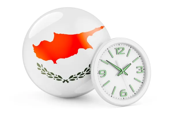 Bandeira Cipriota Com Relógio Hora Chipre Renderização Isolada Fundo Branco — Fotografia de Stock