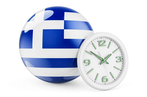 Saatli Yunan Bayrağı Yunanistan Daki Süre Görüntüleme Beyaz Arkaplanda Izole — Stok fotoğraf
