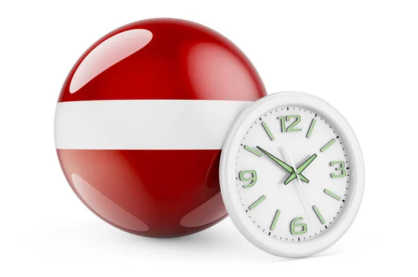 Lettisk Flagga Med Klocka Tid Lettland Rendering Isolerad Vit Bakgrund — Stockfoto