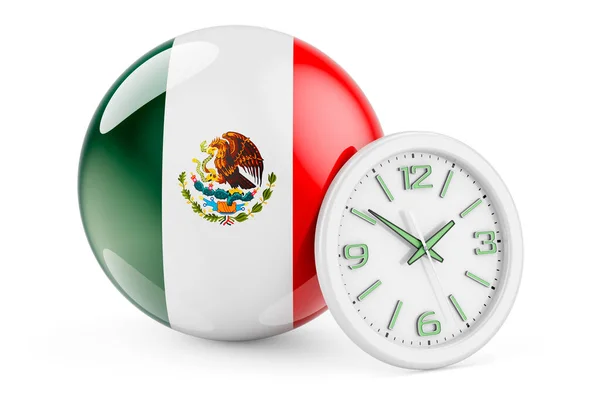 Mexikói Zászló Órával Time Mexico Renderelés Elszigetelt Fehér Háttér — Stock Fotó