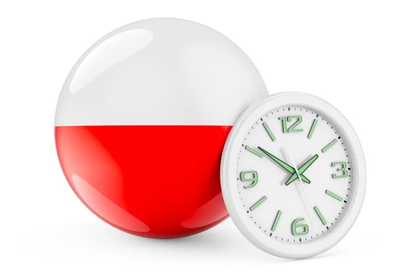 Bandeira Polaca Com Relógio Hora Polônia Renderização Isolada Fundo Branco — Fotografia de Stock