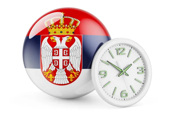 Serbiska Flaggan Med Klocka Tid Serbien Rendering Isolerad Vit Bakgrund — Stockfoto