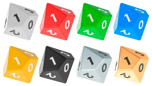 10 taraflı ölüm, beşgen trapezohedron zarları, çeşitli renkler. Beyaz arkaplanda 3B görüntüleme izole edildi