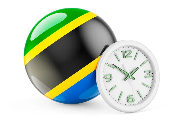 タンザニアの旗時計付き タンザニアでの時間 白い背景に隔離された3Dレンダリング — ストック写真