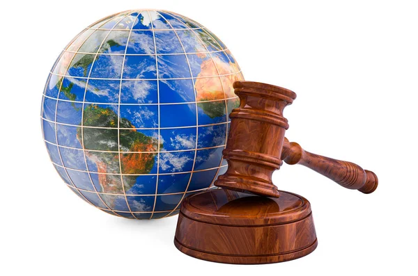 Wooden Gavel Earth Globe Rendering Isolated White Background — Stock Photo, Image