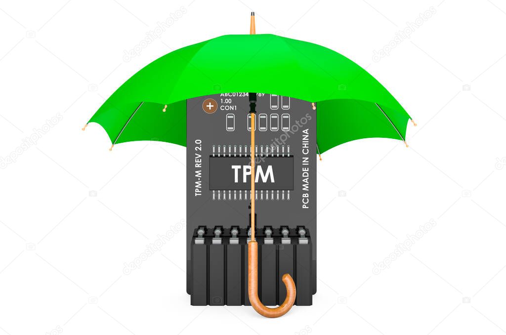 Trusted Platform Module under umbrella, 3D rendering isolated on white background