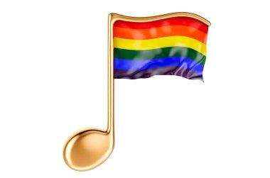 LGBTQ gökkuşağı bayraklı müzik notası, beyaz arkaplanda 3 boyutlu görüntüleme