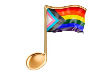 Modern gurur bayrağı LGBTQ ile müzikal nota. Beyaz arkaplanda 3B görüntüleme izole edildi