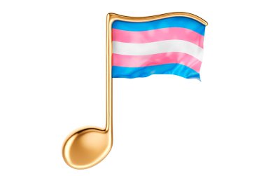 Transseksüel bayrağıyla müzikal nota. Beyaz arkaplanda 3B görüntüleme izole edildi