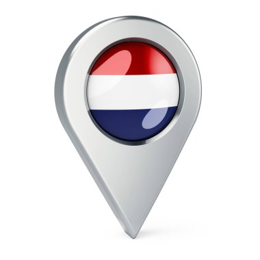 Hollanda bayrağı ile harita işaretleyicisi, beyaz arkaplanda 3D görüntüleme